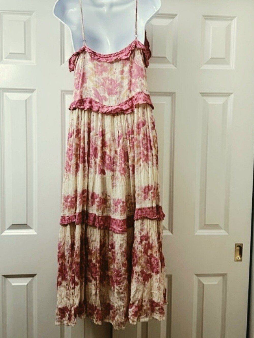 Spell Coco Lei Pink Floral Tiered Midi Dress with Lace Trim Med - Picture 6 of 6